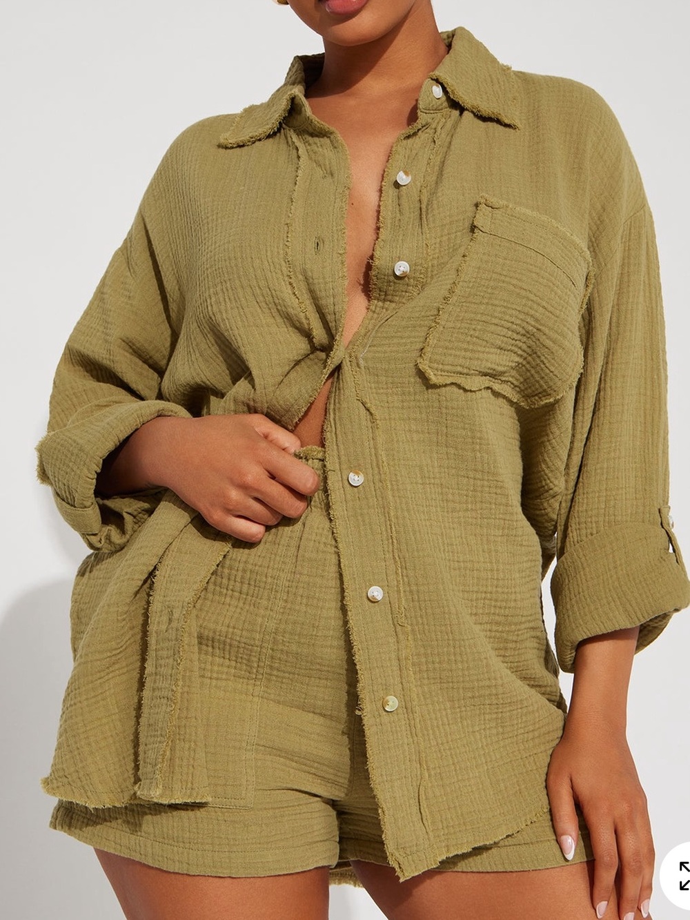 Olive Green Gauze Linen Shirt & Shorts Set M NWOT